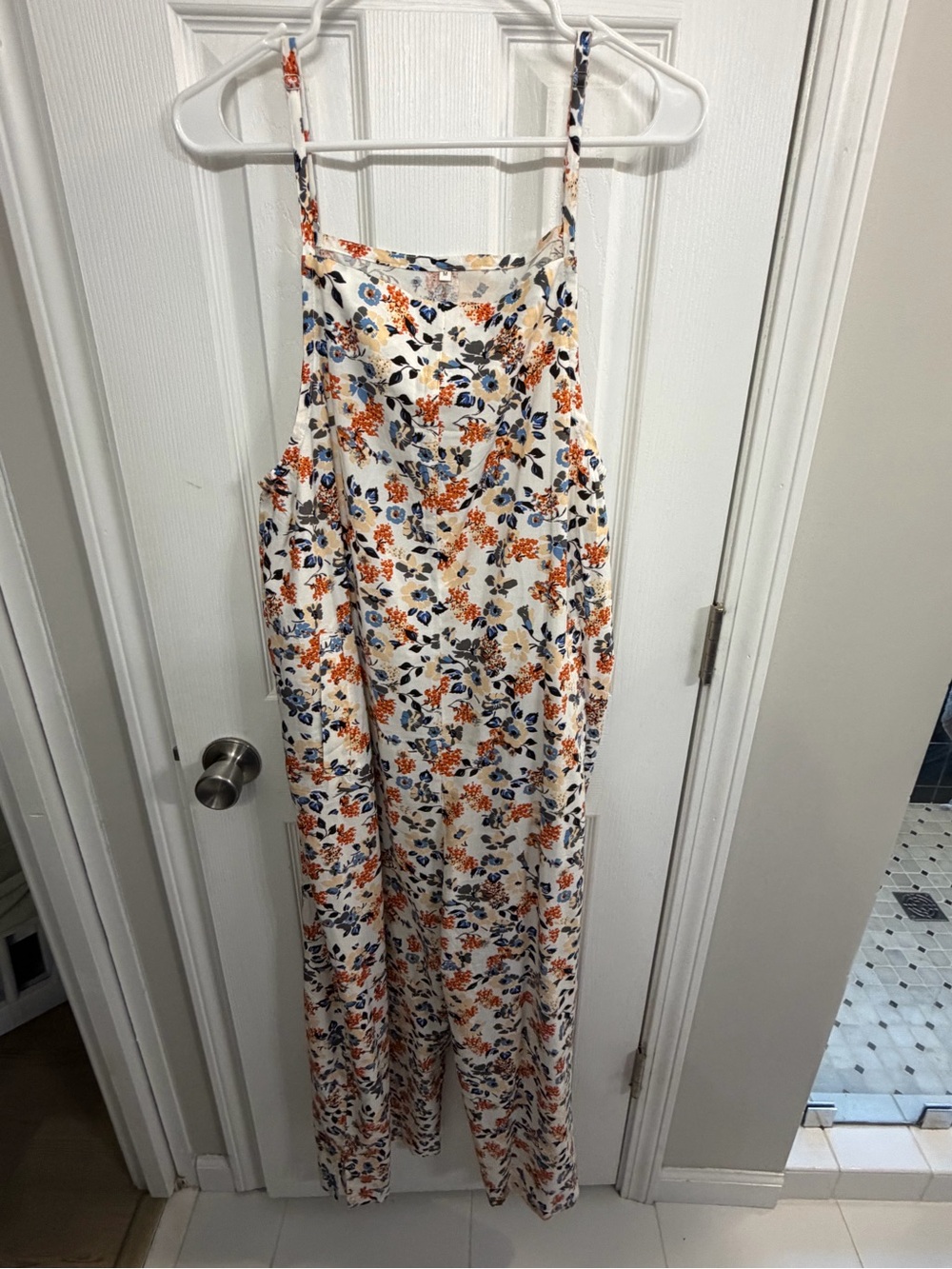 Amazon Floral Spaghetti-Strap Wide-Leg Jumpsuit in Ivory with Orange & Navy